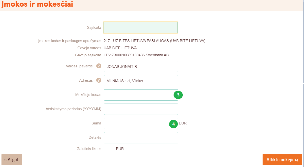 Trečiojo žingsnio Swedbank sistemoje ekrano vaizdas